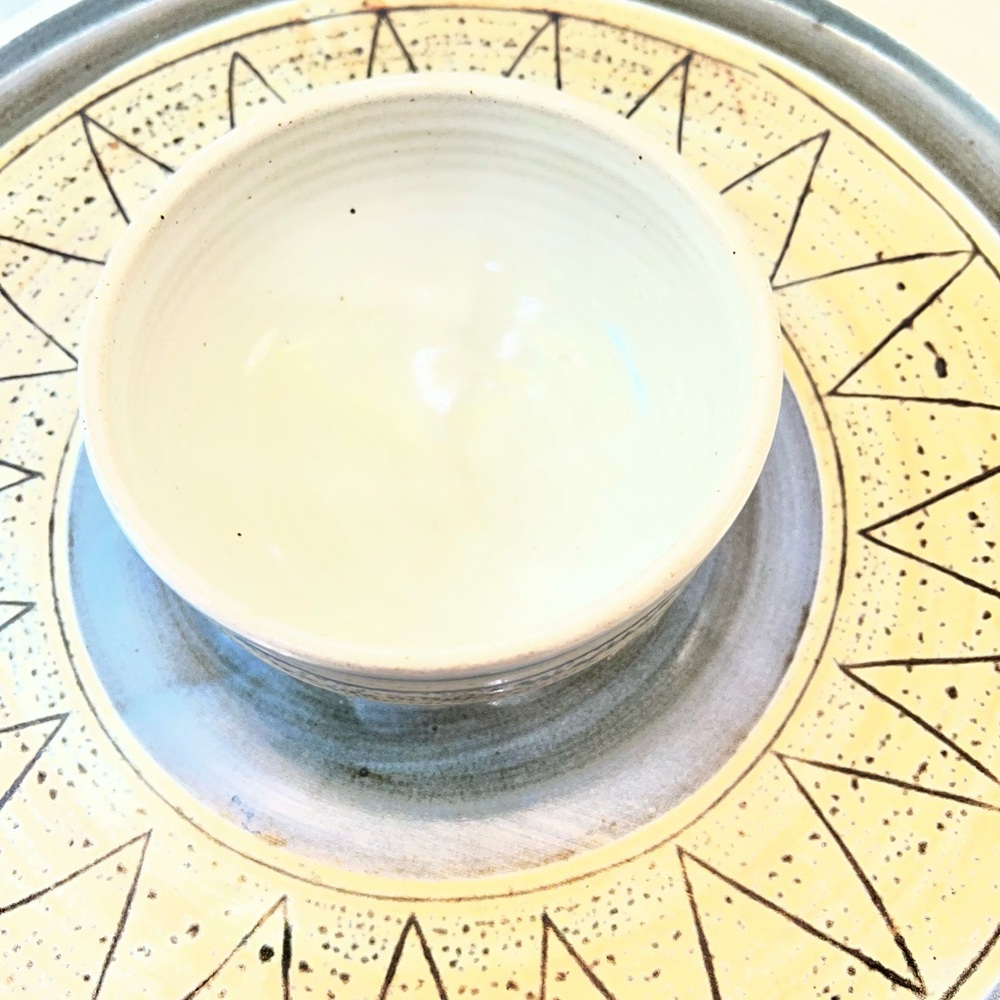 Hage Studio Signed Stoneware Pottery MCM Chip Attached Dip Platter Geometric - Picture 3 of 8